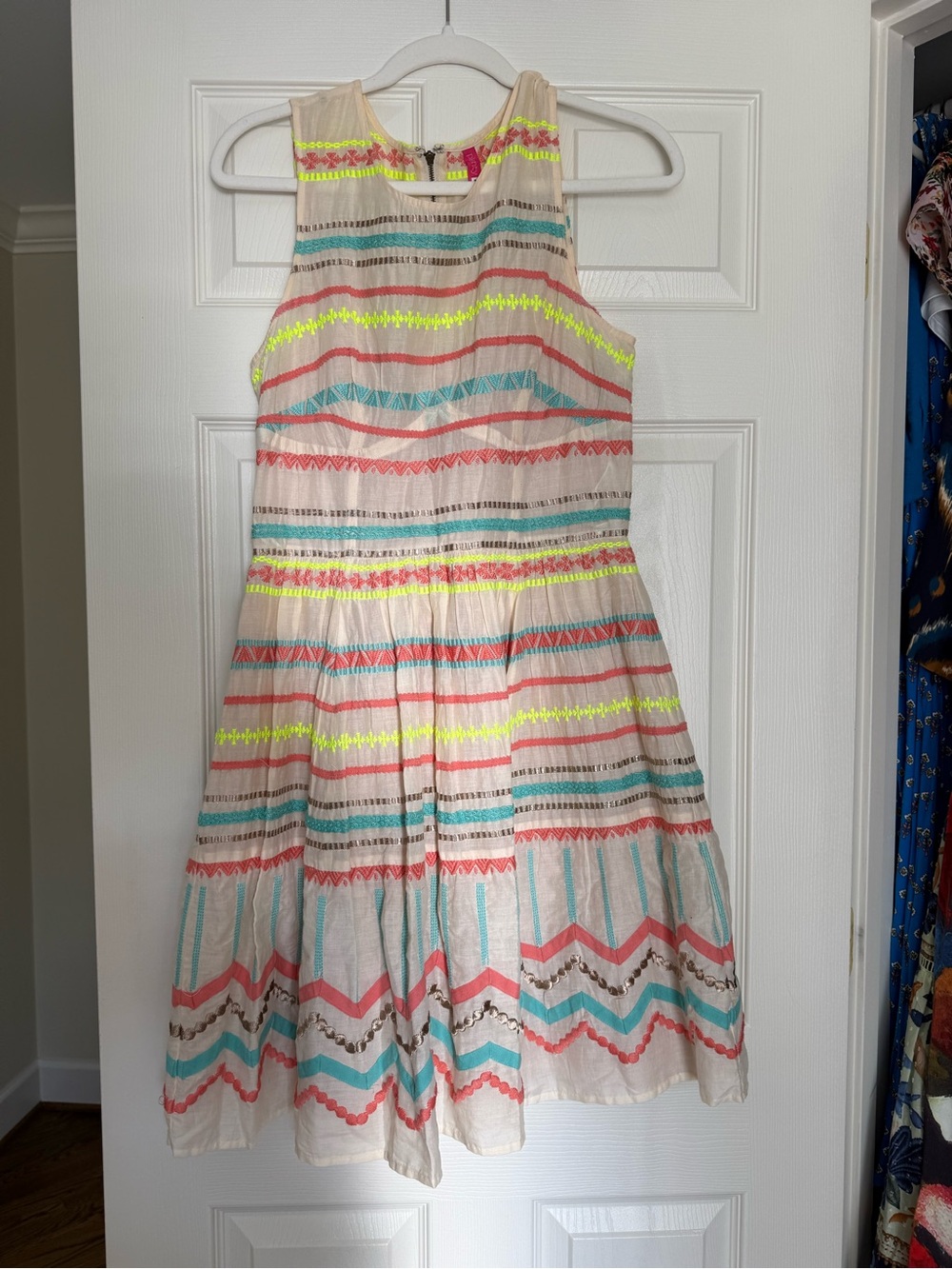 Tracy Reese Cream Dress with Neon Yellow, Coral & Teal Stripes
